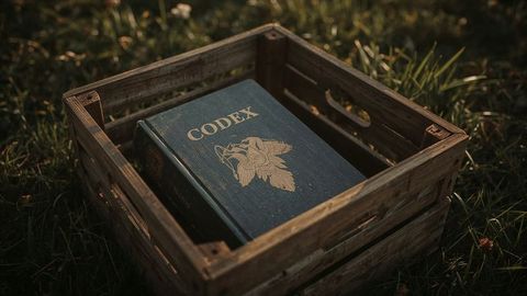 Vintage codex book in rustic wooden box, outdoors