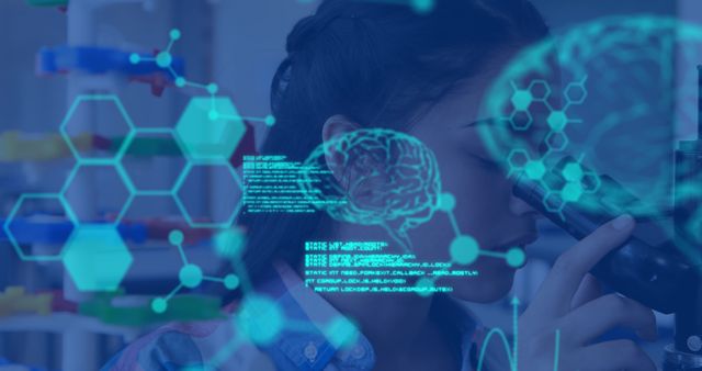 Woman Using Microscope with Futuristic Brain and Tech Overlays - Download Free Stock Images Pikwizard.com