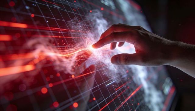 Right Hand Touching Futuristic Holographic Interface Creating Red Particle Data Stream