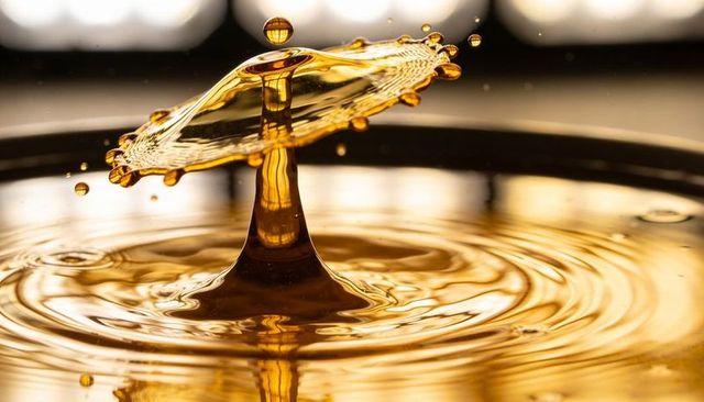 Golden droplet umbrella crown macro high-speed splash with rippling amber reflection