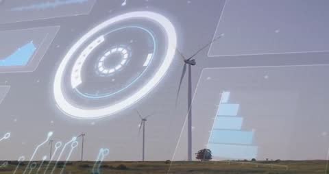 Futuristic Tech Overlaying Wind Turbines in Open Field