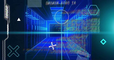 Neon blue data tunnel with holographic hud, wireframe grid and futuristic server racks