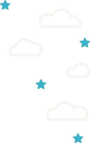 Outlined clouds and turquoise stars on transparent background