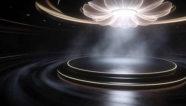Futuristic Circular Stage with Glowing Rim Platform and Petal Chandelier Spotlight