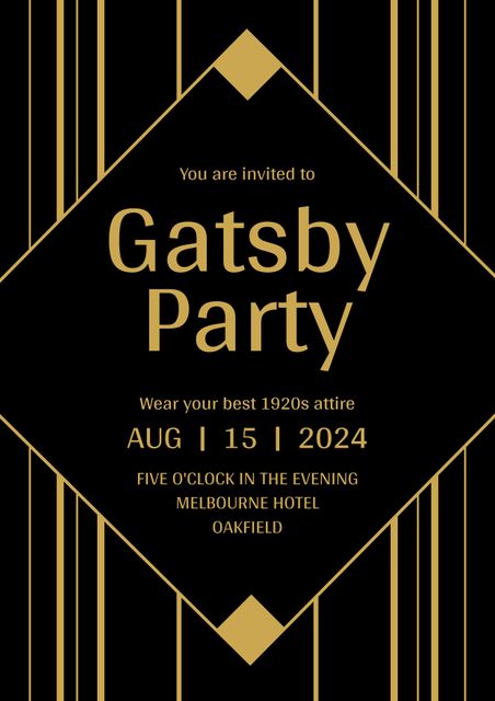 Invitation design for a Gatsby party at Melbourne Hotel. Suitable for promoting an elegant, themed event, emphasizing formal dress code and vintage patterns. Great for online digital invites or print copies.