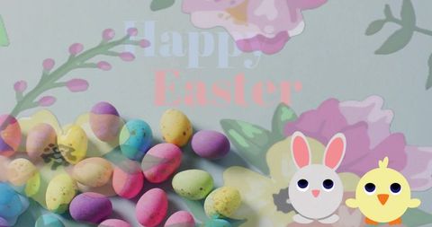 Celebrating easter with pastel speckled eggs and cute bunny and chick