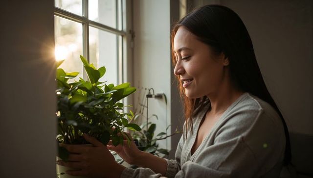 Gently tending potted plant on sunlit windowsill asian woman enjoying indoor gardening
