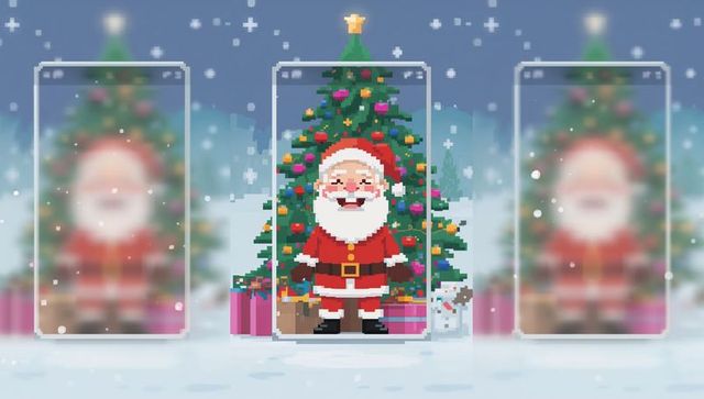 Pixel santa standing before decorated christmas tree in smartphone mockup with snowfall