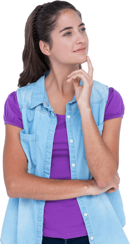 Thoughtful Young Woman with Hand on Chin Pose Transparent