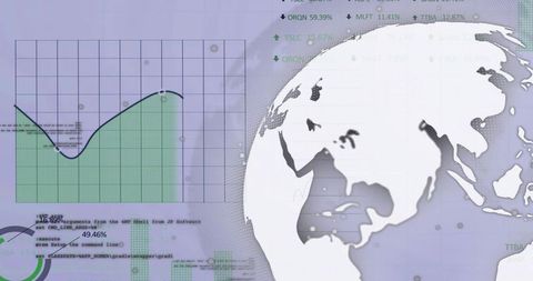 Stylized globe dashboard with green area chart and data grid for global finance analytics