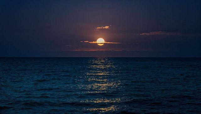 Moonlit ocean reflection creating golden path across calm sea at twilight horizon