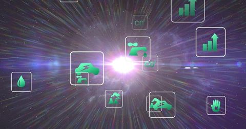 Cosmic light burst with floating green sustainability icons and futuristic data interface