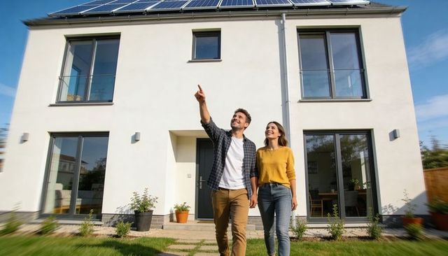 Young couple admiring rooftop solar panels on modern two-story detached house with balcony