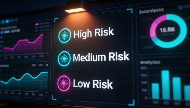 Neon cybersecurity risk dashboard showing high medium low risk levels and analytics charts