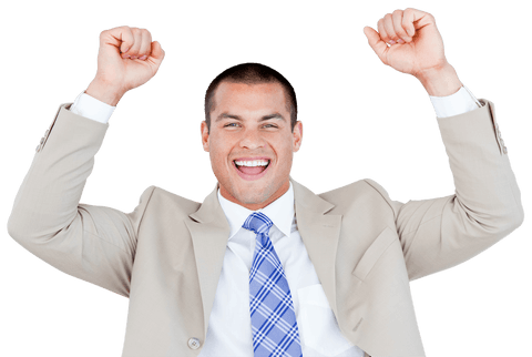 Successful Businessman Celebrating with Raised Fists Transparent