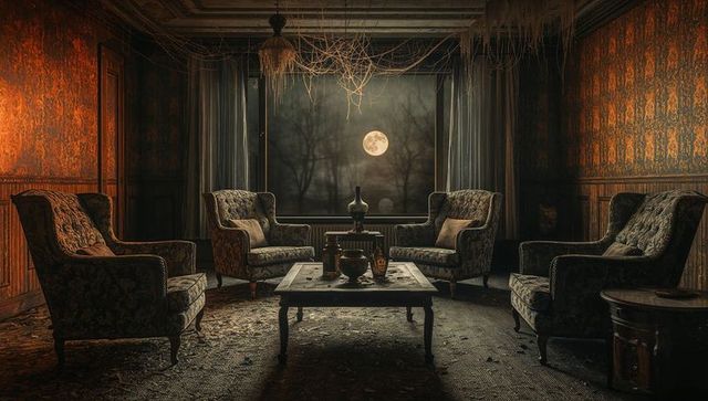 Eerie victorian parlor with moonlit ambiance and cobwebs