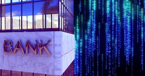 Bank building with digital code overlay demonstrating fintech advancements