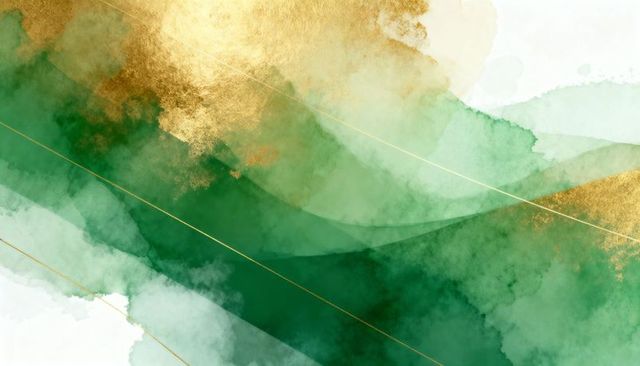 Luxury emerald and gold watercolor wave abstract background with metallic foil accents