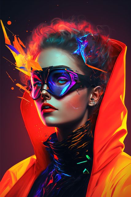 Futuristic woman in a red jacket wearing VR goggles, surrounded by bright neon lights. Perfect for technology advertisements, futuristic themes, fashion editorials, digital art showcases, sci-fi book covers, and innovation presentations.