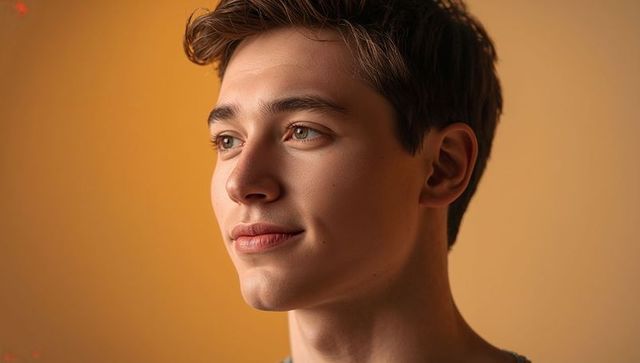 Young man smiling close-up profile portrait in warm amber headshot with soft studio lighting
