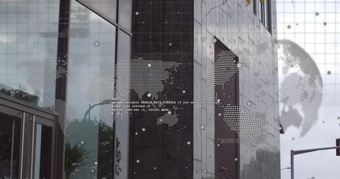 Modern glass facade with dotted world map overlay showing global tech connectivity