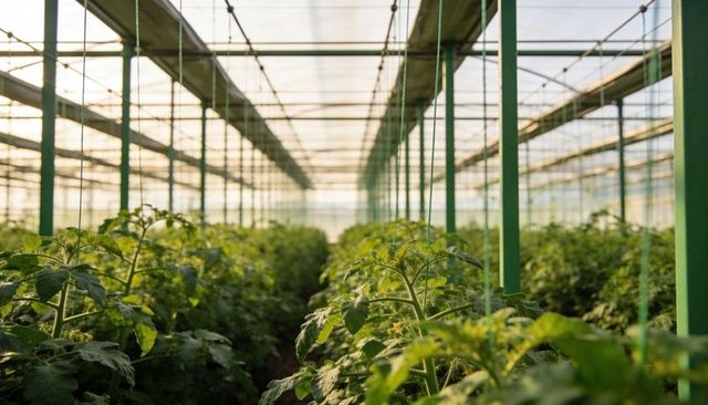 Tomato plants growing on trellised rows in sunlit greenhouse with central vanishing point