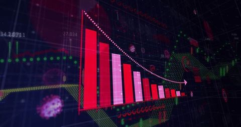 Futuristic Visualization of Declining Bar Chart with Virus Icons