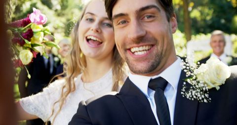 Joyful Bride and Groom Taking Wedding Selfie with Happy Guests - Download Free Stock Images Pikwizard.com