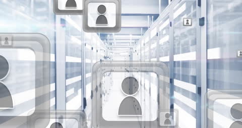 Digital Network Connection Icon Overlay on Secure Server Room