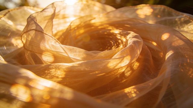 Backlit golden organza spiral catching warm golden-hour light with shimmering bokeh