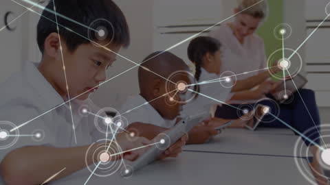 Modern Classroom with Diverse Students Using Tablets