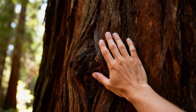 Hand touching giant redwood bark closeup feeling fibrous texture sunlit forest mood