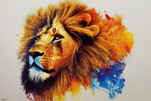 Vibrant and expressive lion illustration with colorful abstract splashes on background showcases creativity and strength of the majestic animal. Ideal for use in creative projects, home decor, wildlife conservation campaigns, artistic collaborations, posters, and prints.