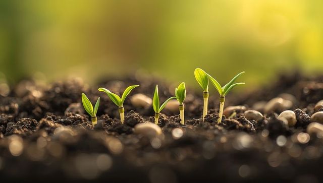 Seedlings Growing in Sunlit Garden Soil