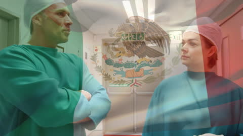 Surgeons Discussing Medical Practices Superimposed over Mexican Flag