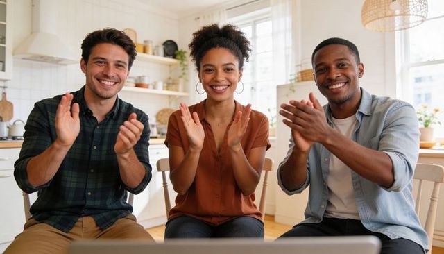 Three friends clapping and smiling during virtual meeting in bright cozy kitchen