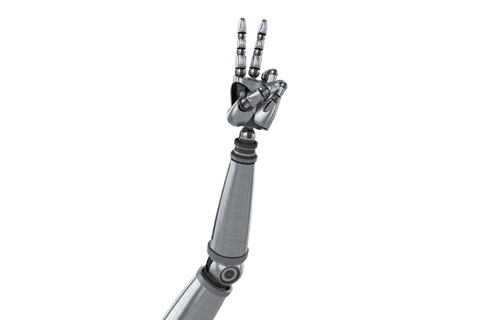 Robotic arm making peace sign on transparent background
