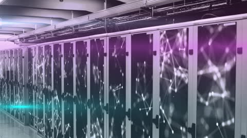 Futuristic Server Room with Digital Network Overlay Graphics