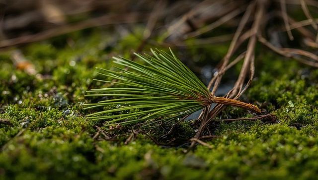 Resting pine needle bundle on moss carpet with dew droplets macro forest floor texture