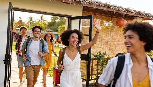 Friends arriving at sunlit tropical bungalow waving and laughing with luggage and backpacks