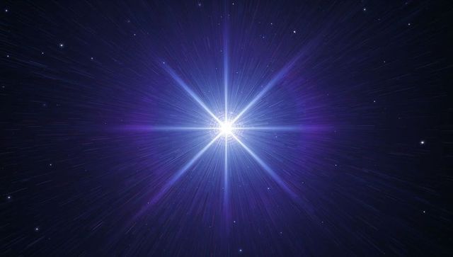 Blue-white starburst radiating light rays through purple nebula and deep space