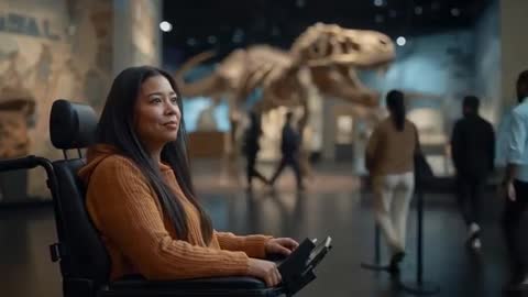 Wheelchair User Exploring T-rex Skeleton in Museum Gallery Using Joystick for Learning