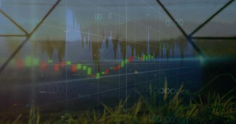 Candlestick chart blending with grass and glass dome, merging finance and nature
