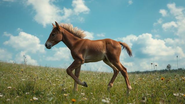 Young Foal Trotting Through Wildflower Meadow Under Blue Skies