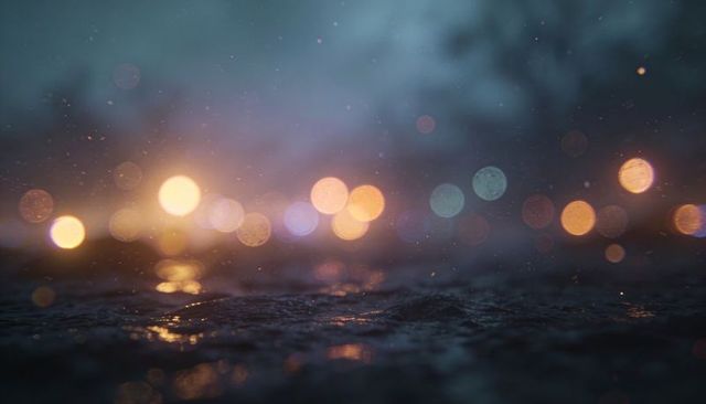 Night urban puddle reflecting bokeh streetlights with misty particles and moody texture
