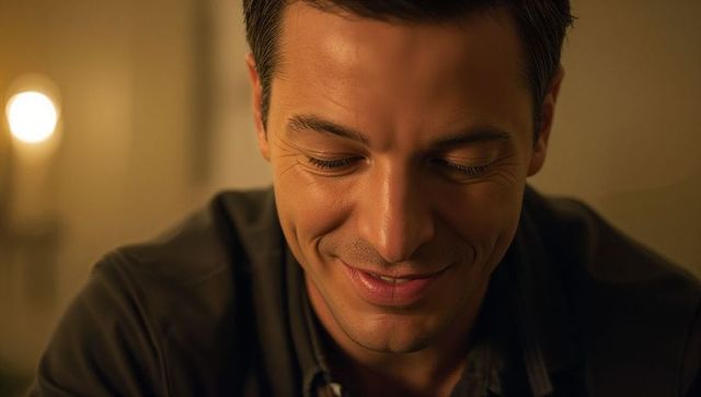 Smiling man lowering gaze in warm closeup with lamp bokeh, reflective portrait