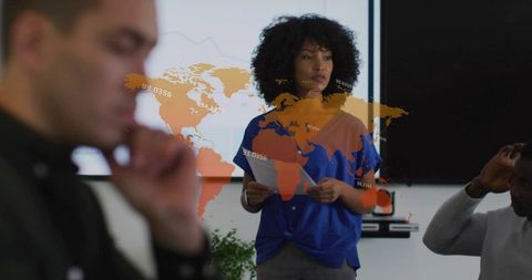 Businesswoman Leading Presentation with Global Data Overlay