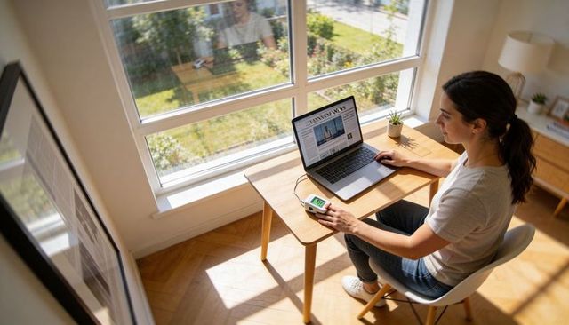 Remote woman working at laptop reading online news with connected device by sunlit window