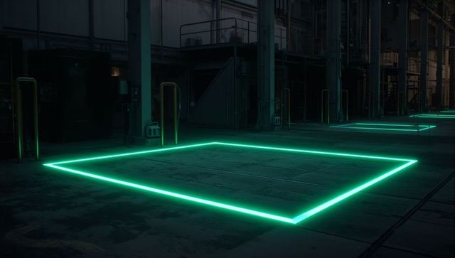 Futuristic Warehouse Neon Green LED Illuminating Floor