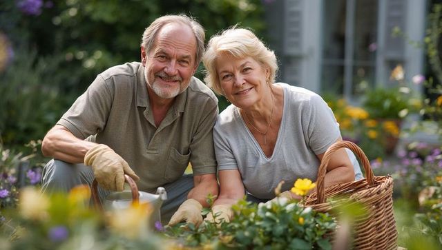 Senior Couple Enjoying Gardening in Backyard Floral Setting
